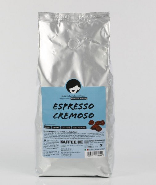 Kaffee.de  Espresso CREMOSO 1kg Holzröstung Espressobohnen 100% Robusta