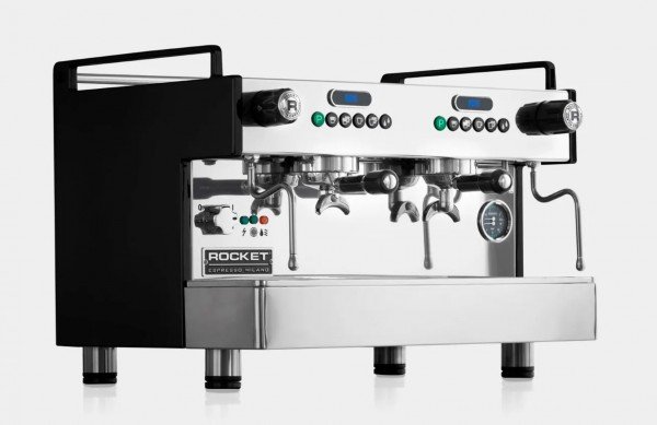 Rocket Milano Espresso 2-gruppige Espressomaschine mit schwarzem Gehäuse udn Shottimer