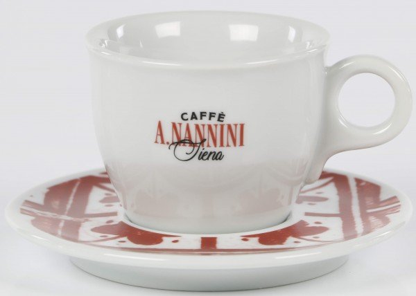 Caffe Nannini Cappuccinotasse mit rotem Unterteller Front ansicht 