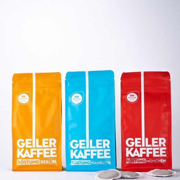 Geiler Kaffee Probierpaket mit 3 20 ESE Pads offen verpackt